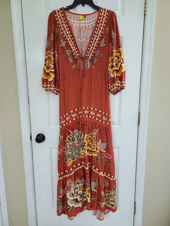 FARM Rio Dresses & Skirts - Farm Rio Large Floral Boho Maxi Tiered Dress Brazil Size M Orange Fall
